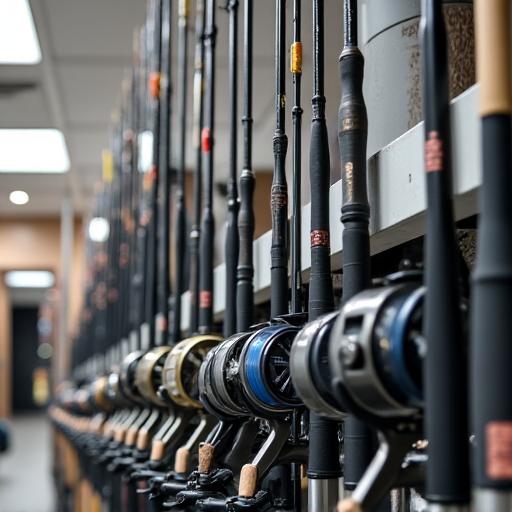 A rack of various fishing rods and reels.